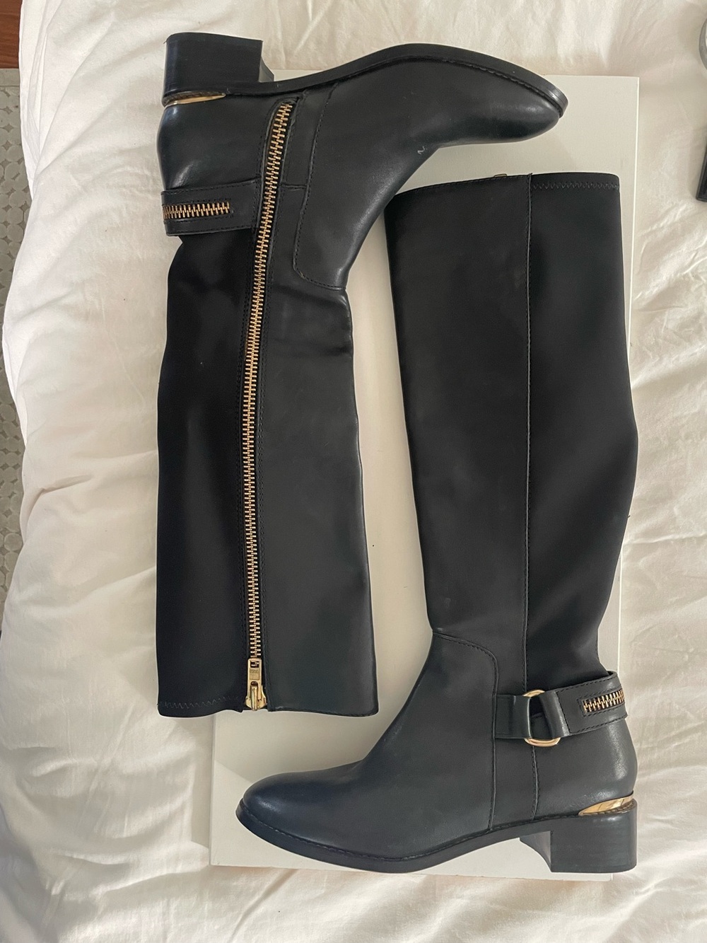Steve Madden Genuine Leather Tall Riding Boots Flat Low Heel Black/Gold accents